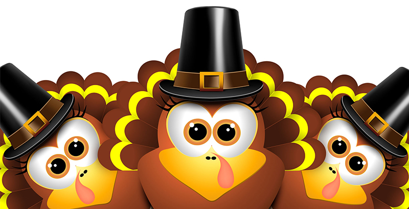 Cartoon turkeys in a pilgrim outfit. Vector illustration.